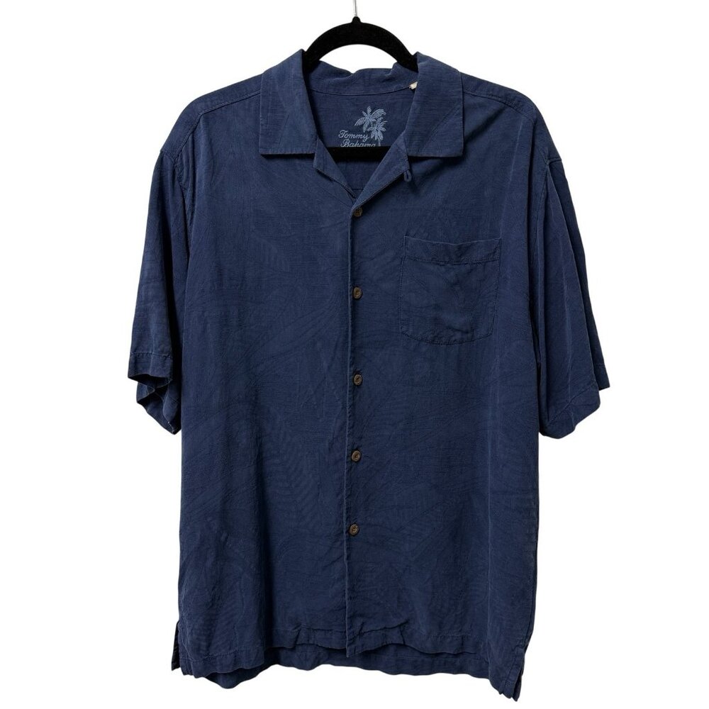 TOMMY BAHAMA SHIRT 100% SILK BUTTON UP MENS M BLUE HAWAIIAN TRAVEL TEXTURED